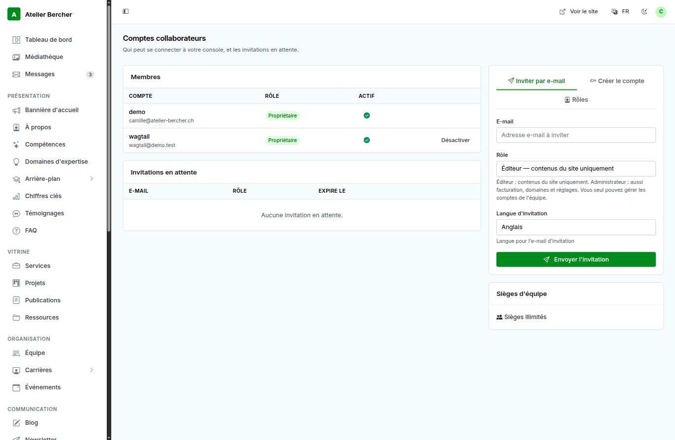The Team accounts screen: members with their role, pending invitations, and the invite panel.